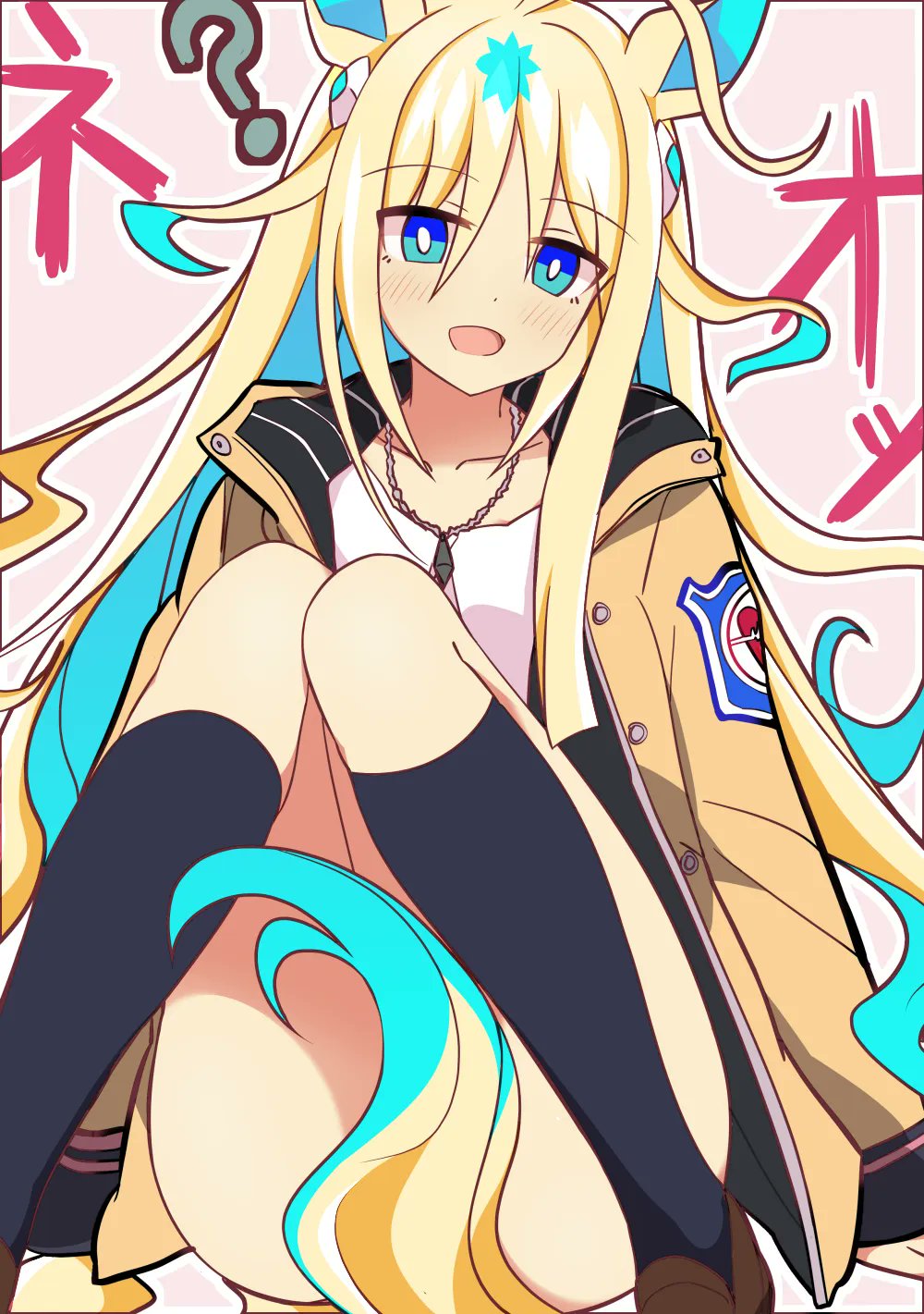 1girl ? ahoge alternate_costume animal_ears between_legs black_socks blonde_hair blue_eyes blue_hair brown_footwear brown_jacket colored_inner_hair commentary_request gradient_hair highres horse_ears horse_girl horse_tail jacket jewelry knees_up loafers long_sleeves looking_at_viewer multicolored_hair necklace neo_universe_(umamusume) open_clothes open_jacket open_mouth patch pink_background shirt shoes socks solo streaked_hair tail tail_between_legs translation_request umamusume wahiko_(black_bastard) white_shirt