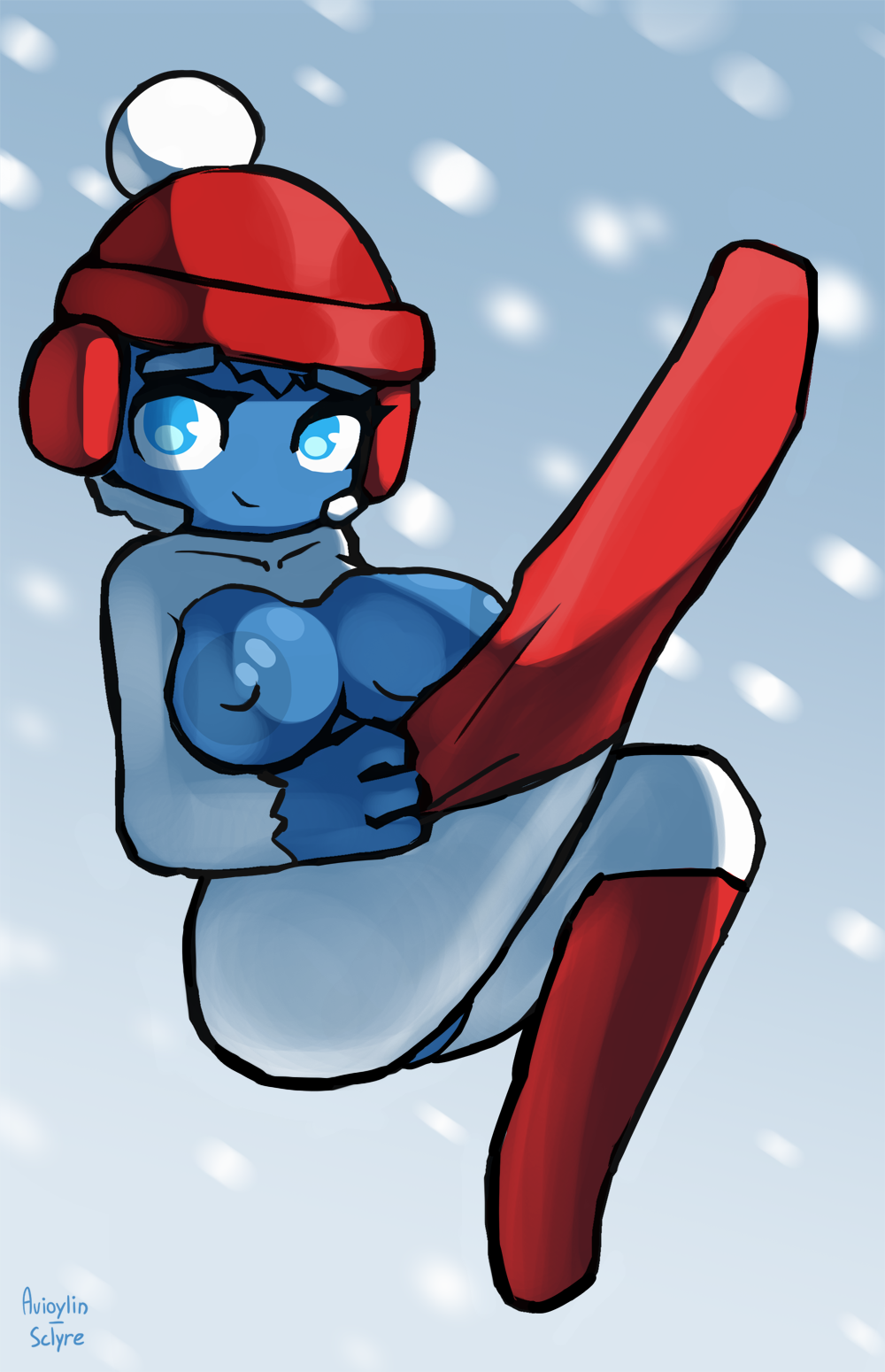 anthro areola avioylin big_breasts bloons_tower_defense breasts clothing female haplorhine hi_res ice_monkey_(bloons_td_6) legwear looking_at_viewer mammal monkey ninja_kiwi primate sclyre simple_background snow solo thick_thighs thigh_highs winter