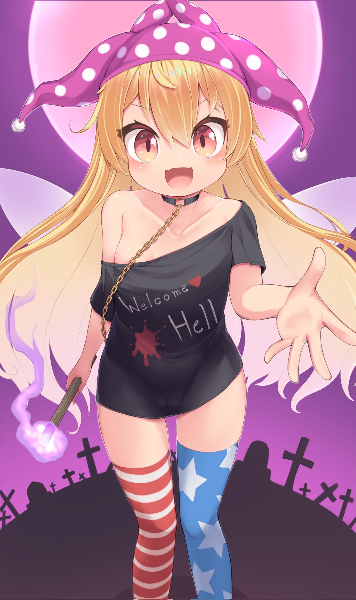 asymmetrical_legwear black_choker black_shirt blonde_hair blue_thighhighs bottomless chain choker clothes_writing clownpiece cosplay fairy_wings fangs gold_chain halloween harunoha hat hecatia_lapislazuli hecatia_lapislazuli_(cosplay) highres holding holding_torch jester_cap long_hair moon night no_panties off-shoulder_shirt off_shoulder outdoors outstretched_hand polka_dot_headwear pom_pom_(clothes) red_eyes red_thighhighs see-through shirt skin_fangs star_(symbol) star_print striped striped_thighhighs t-shirt thighhighs tombstone torch touhou v-shaped_eyebrows very_long_hair wings