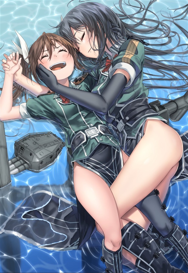 2girls black_hair brown_hair chikuma_(kancolle) chikuma_kai_ni_(kancolle) closed_eyes elbow_gloves feet_out_of_frame gloves hair_ribbon hand_on_another's_face kantai_collection long_hair lying machinery multiple_girls on_side pelvic_curtain ribbon side_slit single_elbow_glove single_glove tone_(kancolle) tone_kai_ni_(kancolle) torpedo_launcher twintails water white_ribbon zombie_mogura