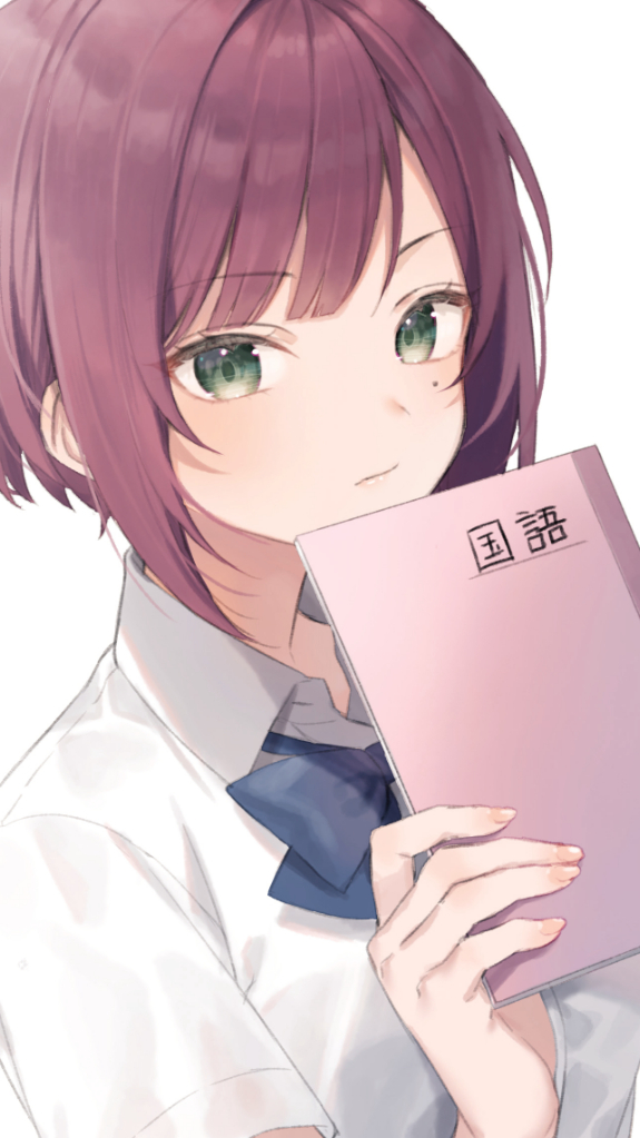 1girl blue_bow bow brown_hair closed_mouth collared_shirt commentary_request green_eyes hand_up holding looking_at_viewer midorikawa_you mole mole_under_eye original school_uniform shirt short_sleeves sidelocks simple_background solo upper_body white_background white_shirt