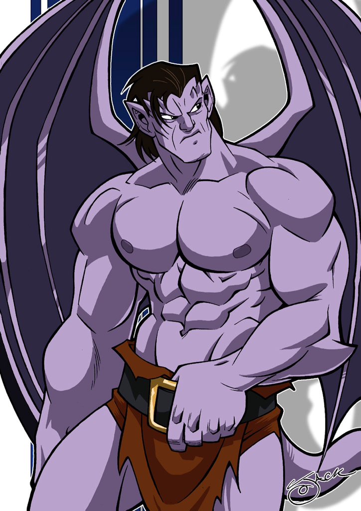 abs belt biceps bottomwear clothed clothing disney frown gargoyle gargoyles goliath_(gargoyles) hair hand_on_belt horn humanoid humanoid_pointy_ears jlawrence_art loincloth long_hair male membrane_(anatomy) membranous_wings nipples pecs solo topless wings