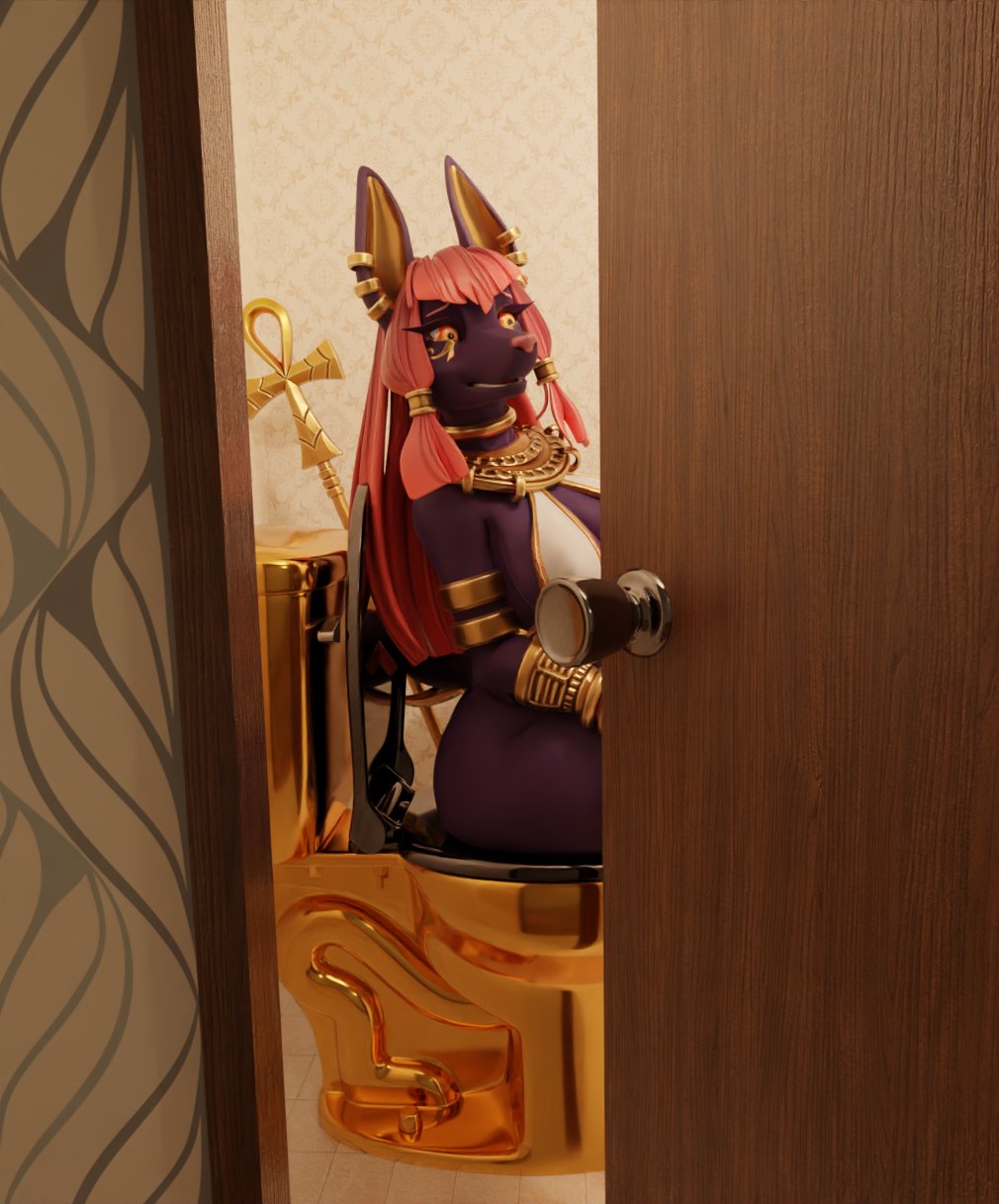accessory anthro anubian_jackal anubis awkward bathroom bathroom-art_(artist) breasts canid canine canis clothed clothing deity door egyptian egyptian_mythology embarrassed feces female fur gold_(metal) gold_jewelry hair hair_accessory hi_res jackal jewelry mammal middle_eastern_mythology mythology piercing scat solo staff toilet