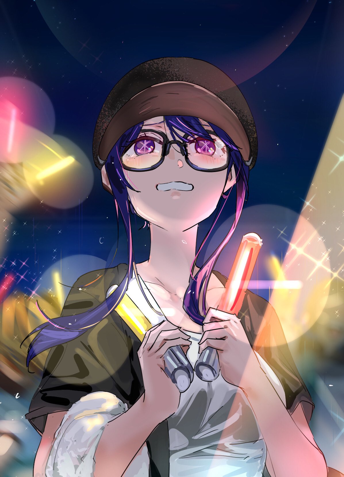 1girl bespectacled black_headwear black_shirt blouse blush breasts clenched_teeth collarbone commentary_request funi_mu9 glasses glowstick highres holding_glowstick hoshino_ai_(oshi_no_ko) medium_breasts night night_sky open_mouth oshi_no_ko people purple_eyes shirt short_hair_with_long_locks sidelocks sky solo_focus sparkle star-shaped_pupils star_(symbol) symbol-shaped_pupils teeth upper_body white_shirt