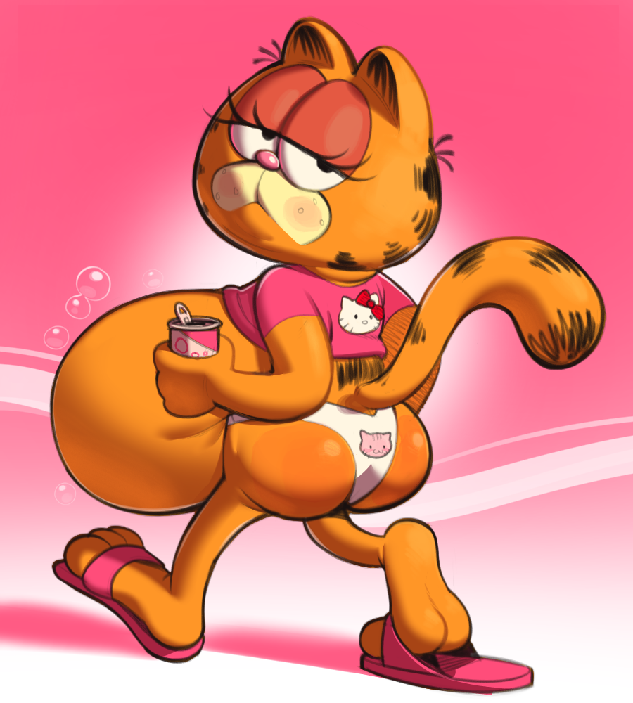 anthro belly beverage beverage_can big_belly bloated bomkragg bubble clothed clothing clothing_lift dipstick_tail domestic_cat felid feline felis flip_flops footwear garfield_(series) garfield_the_cat half-closed_eyes huge_belly looking_at_viewer looking_back male male_anthro mammal markings narrowed_eyes orange_body partially_clothed pink_nose round_ears sandals shirt shirt_lift skimpy soda solo striped_markings stripes tail tail_markings topwear underwear walking