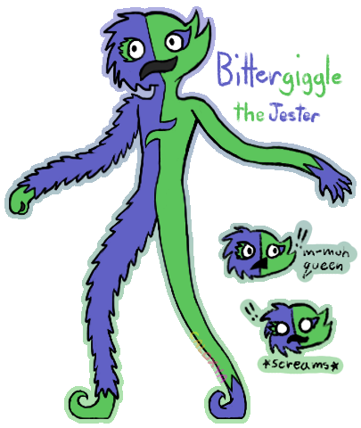 bittergiggle blue_body caloxya full-length_portrait fuzzy garten_of_banban green_body hand_mouth humanoid jester low_res male monster multicolored_body portrait redesign solo two_tone_body