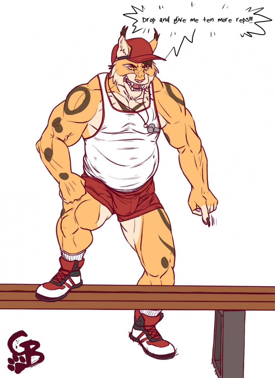 2020 angry_expression anthro baseball_cap bench biceps bottomwear bulge clothing coach felid feline footwear gesture giving_orders goldeyboi hand_on_leg hand_on_thigh hat headgear headwear hi_res lynx male mammal manly mature_male muscular muscular_legs muscular_thighs pecs pointing raised_leg red_baseball_cap red_bottomwear red_clothing red_shorts shirt shoes shorts simple_background sneakers solo tank_top topwear triceps whistle whistle_(object) white_background white_clothing white_shirt white_tank_top white_topwear yelling yellow_eyes