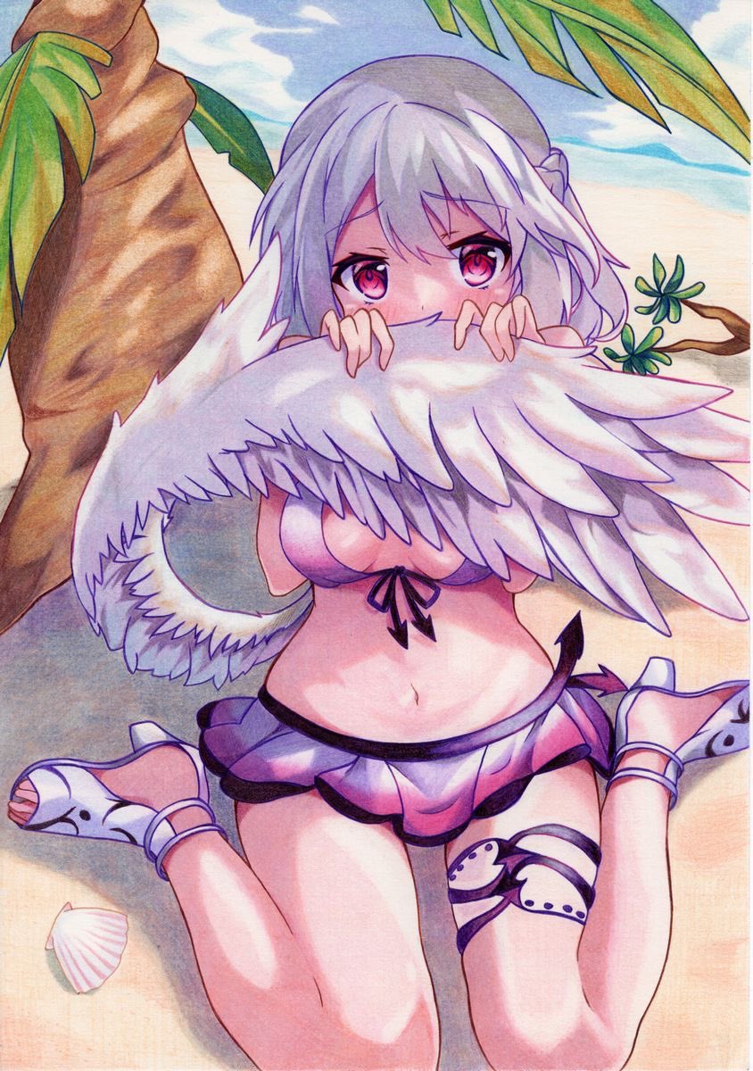 1girl beach bikini bird_wings commentary_request embarrassed feathered_wings front-tie_bikini_top front-tie_top grey_hair high_heels highres kishin_sagume kittona navel purple_bikini purple_skirt red_eyes sandals single_wing sitting skirt solo swimsuit thigh_strap toes touhou wariza white_footwear white_wings wings