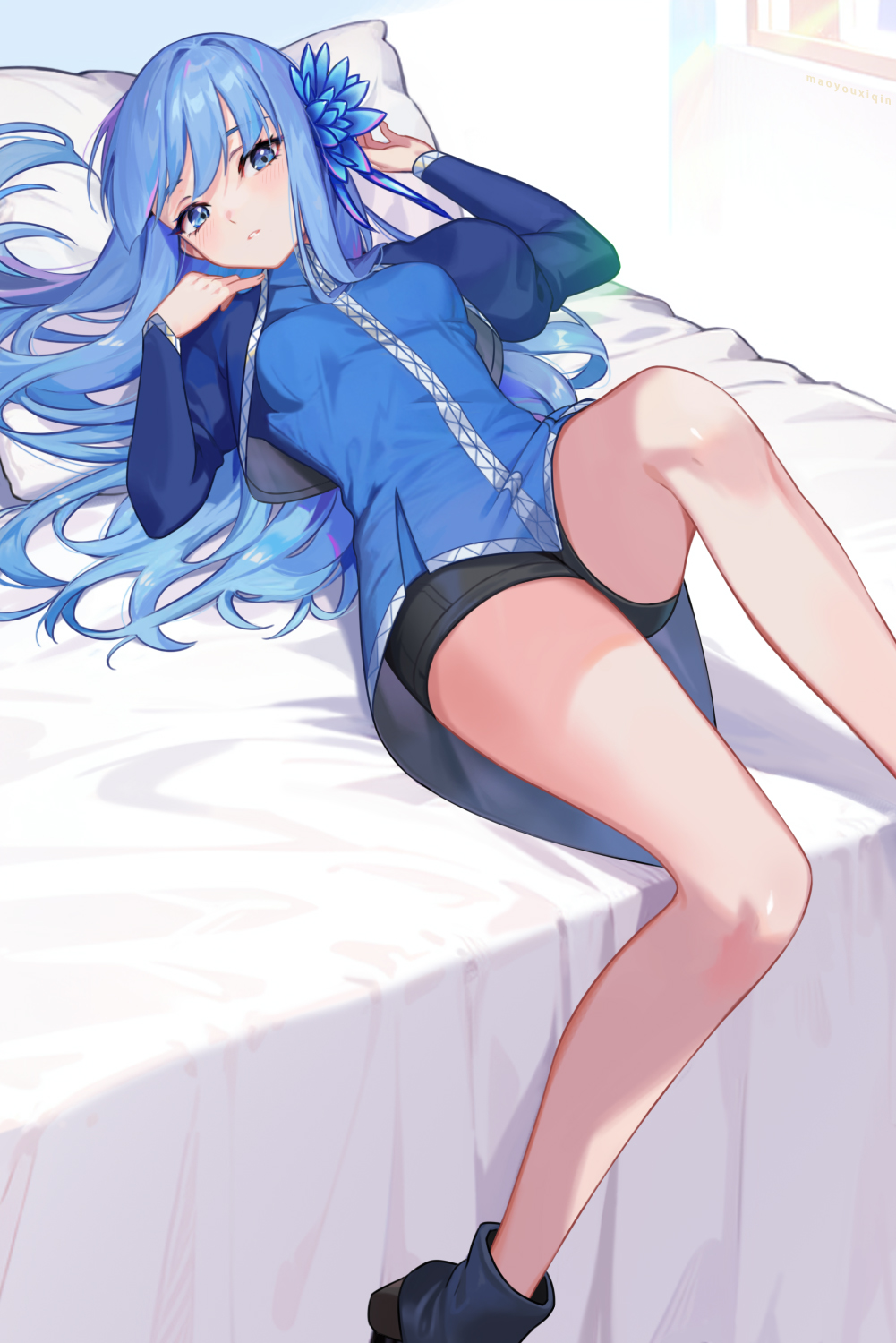 1girl black_shorts blue_eyes blue_flower blue_hair blue_jacket blush flower hair_flower hair_ornament highres indoors isekai_ojisan jacket long_hair long_sleeves looking_at_viewer lying mabel_raybert on_back on_bed parted_lips peach_luo shiny_skin short_shorts shorts shrug_(clothing) solo straight_hair