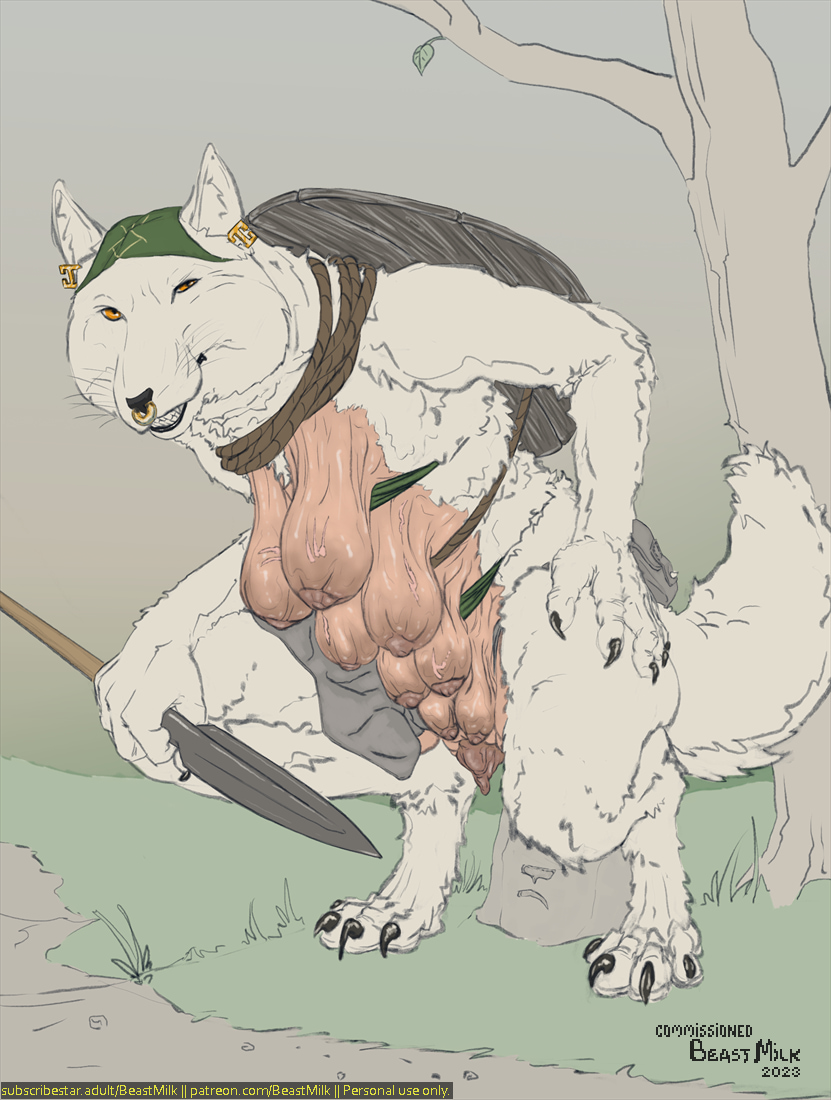 beastmilk breasts canid canine crouching ear_piercing ear_ring facial_piercing female fox gear genitals looking_at_viewer mammal melee_weapon nipples nose_piercing nose_ring old peeing piercing polearm pussy ring_piercing saggy saggy_tits spear tibetan_sand_fox weapon