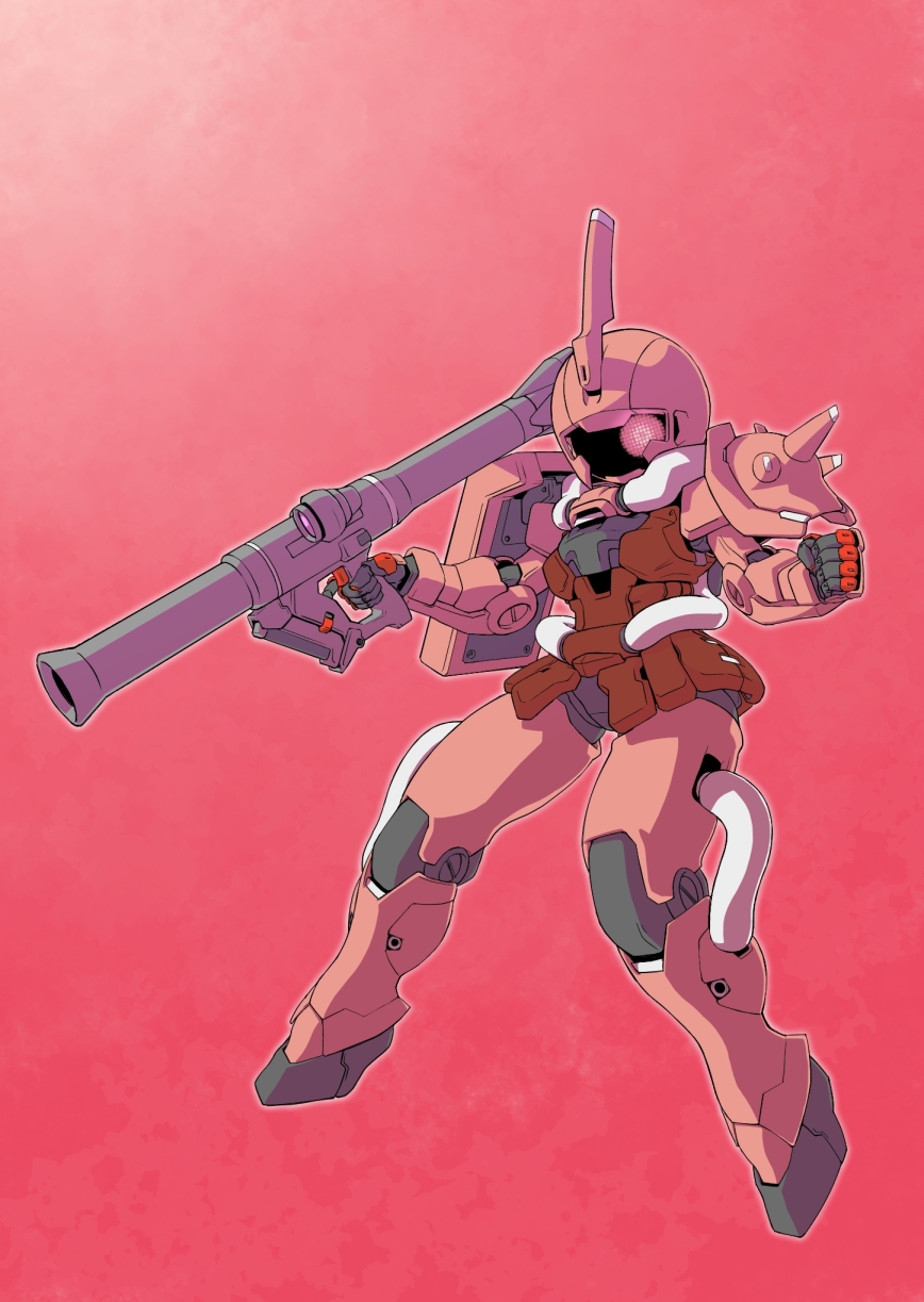 1girl bazooka_(gundam) clenched_hand em_(akunomachine) gun gundam helmet highres holding holding_gun holding_weapon joints mecha mecha_musume no_humans one-eyed pink_background robot robot_girl robot_joints science_fiction solo weapon zaku_ii_s_char_custom