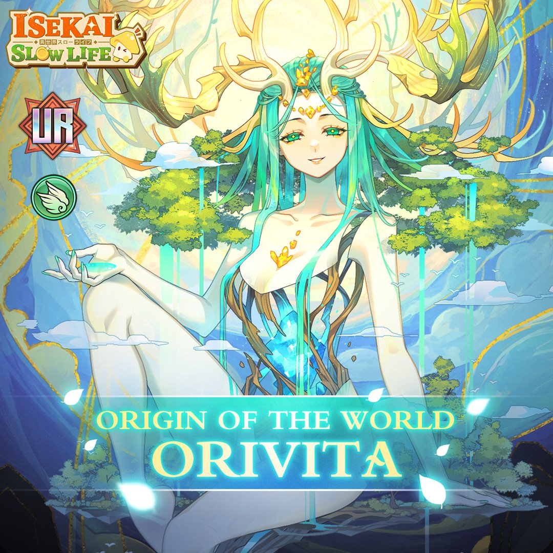 1girl antlers artist_request blue_hair blue_nails character_name chest_jewel cloud coin colored_skin colored_text gem gem_on_head green_eyes hand_on_ground hand_up horns isekai:_slow_life knee_up leaf lipstick liquid_hair looking_at_viewer makeup monster_girl multicolored_antlers multicolored_horns mushroom nail_polish official_art one_eye_closed open_mouth open_smile orvita_(isekai:_slow_life) smile sparkle teeth translucent_skin white_skin wings yellow_gemstone yellow_lips