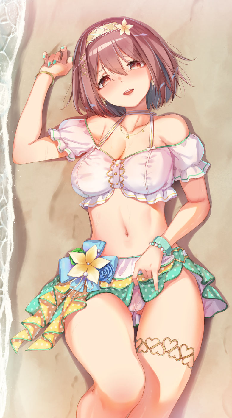 1girl akino_komichi ass_visible_through_thighs beach bead_bracelet beads blue_nails blush bob_cut bracelet breasts brown_eyes brown_hair cleavage clothes_lift collarbone crop_top flower from_above gold_hairband green_skirt hair_between_eyes hair_flower hair_ornament hairband head_tilt highres ibuki_nagisa idoly_pride jewelry knee_up legs_together lifted_by_self looking_at_viewer lying medium_breasts medium_hair microskirt midriff nail_polish navel ocean off-shoulder_shirt off_shoulder on_back open_mouth panties polka_dot polka_dot_skirt raised_eyebrows sand shirt sidelocks skirt skirt_lift solo teeth thick_thighs thigh_gap thighlet thighs underwear upper_teeth_only water white_panties white_shirt x_hair_ornament yellow_flower