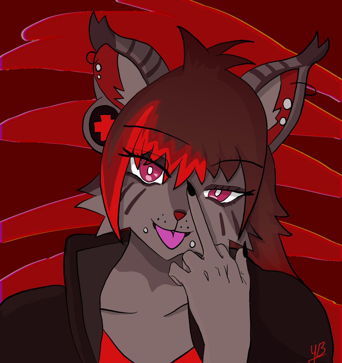 anthro black_clothing black_jacket black_topwear clothing ear_piercing felid feline female gesture hi_res highlights_(coloring) jacket lynx mammal middle_finger piercing punk red_eyes red_highlights solo tongue tongue_out topwear yeetboi420z