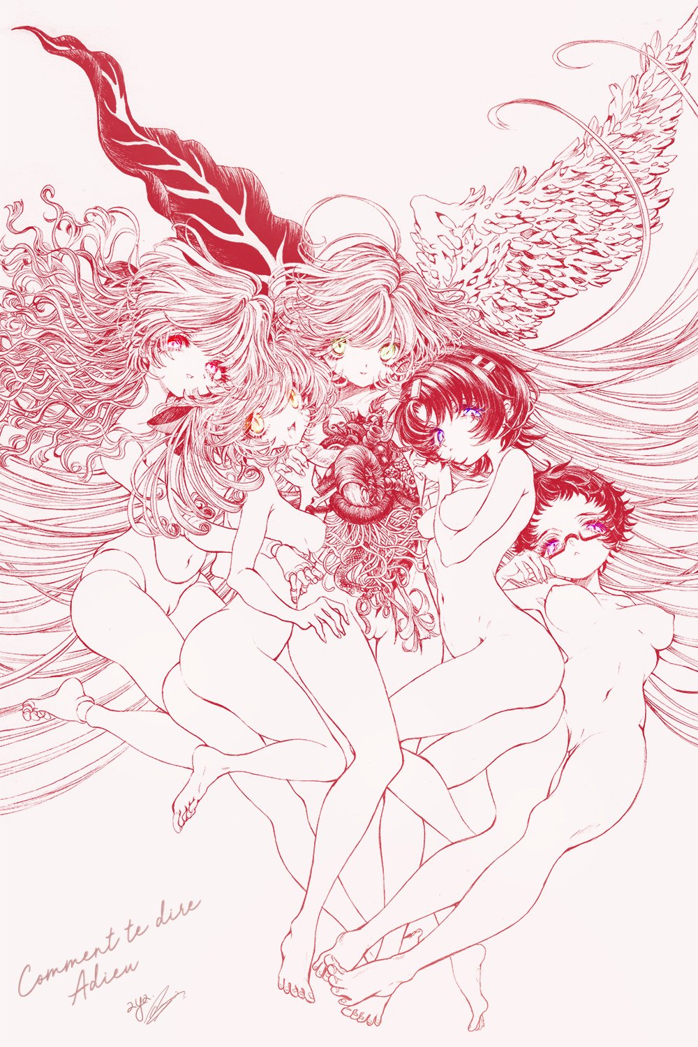 5girls absurdly_long_hair ahoge angel_wings arm_between_breasts ass aya_carmine between_breasts blue_eyes body_horror bone breasts completely_nude doll_joints expressionless feathered_wings flower full_body glasses green_eyes hair_ornament hair_ribbon hairclip highres hug joints leaf_wings long_hair looking_at_viewer meguro_miyuki millipen_(medium) mismatched_wings monochrome multiple_girls nude open_mouth parted_lips pink_eyes purple_eyes pussy ribbon sayonara_wo_oshiete short_hair simple_background smile snake spot_color sugamo_mutsuki takada_nozomi tamachi_mahiru tendril thigh_gap traditional_media ueno_koyori very_long_hair wavy_hair wings yellow_eyes