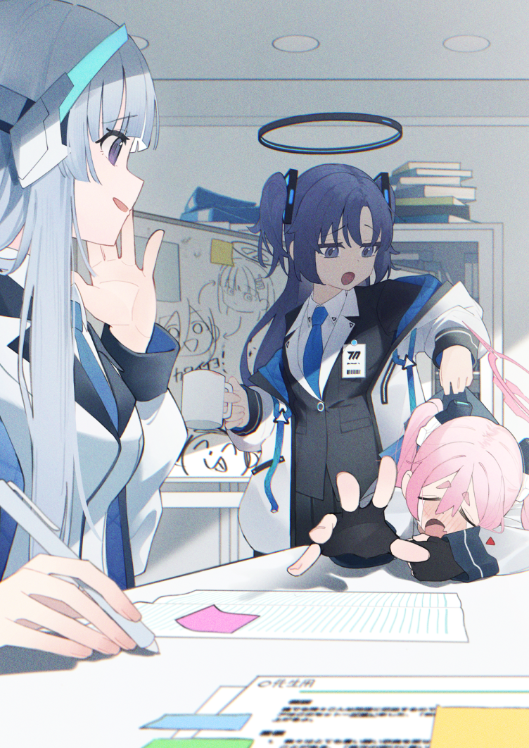 3girls anohito401 arona's_sensei_doodle_(blue_archive) black_gloves blue_archive blue_necktie blush closed_eyes collared_shirt fang fingerless_gloves gloves grey_hair halo indoors jacket koyuki_(blue_archive) long_hair long_sleeves mechanical_halo multiple_girls necktie noa_(blue_archive) open_clothes open_jacket open_mouth pink_hair pink_halo purple_eyes purple_hair rio_(blue_archive) seminar_(blue_archive) sensei_(blue_archive) shirt skin_fang smile sticky_note suit twintails two-sided_fabric two-sided_jacket two_side_up white_jacket white_shirt whiteboard yuuka_(blue_archive)