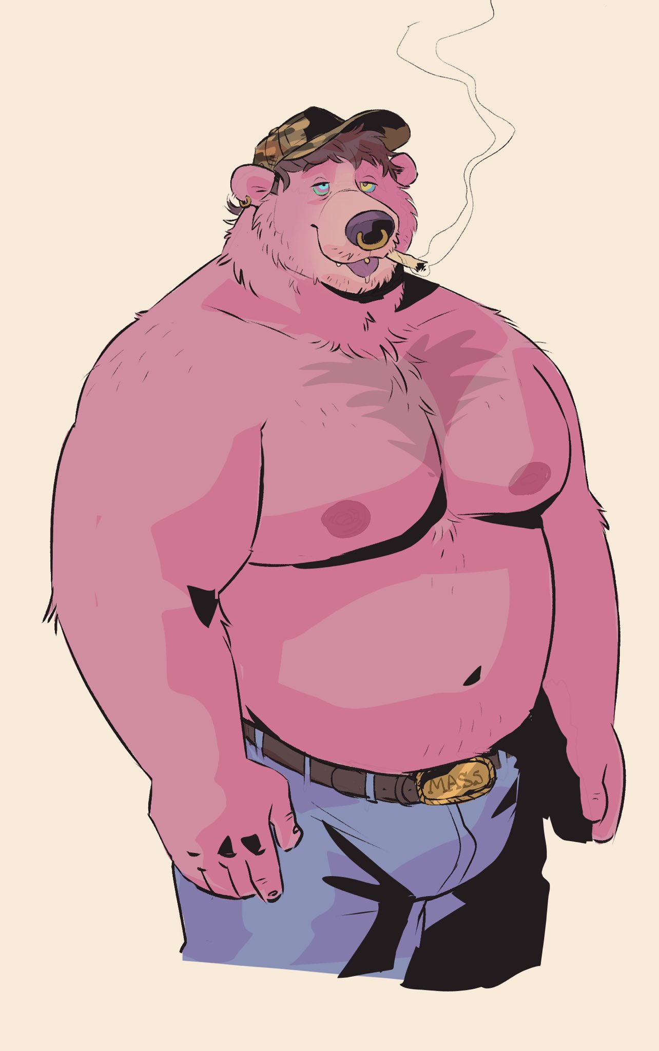 2023 anthro barechested bear belly belt biceps big_belly bottomwear chest_tuft clothed clothing denim denim_clothing dramamine drugs facial_piercing hat headgear headwear hi_res jeans male mammal manly marijuana mature_male multicolored_eyes musclegut muscular navel nipples nose_piercing nose_ring pants pecs piercing rainbow_eyes ring_piercing shirtless shirtless_male simple_background slightly_chubby smoke smoking smoking_weed solo standing topless topless_male triceps tuft white_background