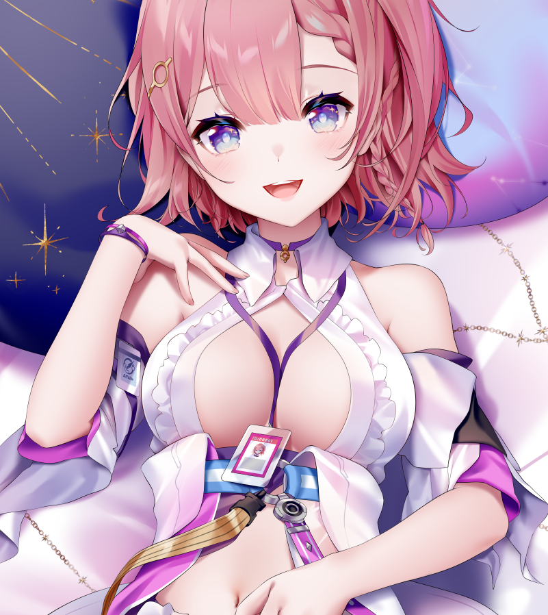 1girl asta_(honkai:_star_rail) bed between_breasts blue_eyes blush braid breasts commentary hair_between_eyes hair_ornament honkai:_star_rail honkai_(series) id_card medium_breasts navel open_clothes open_mouth pillow pink_hair portrait rimuu side_braid solo