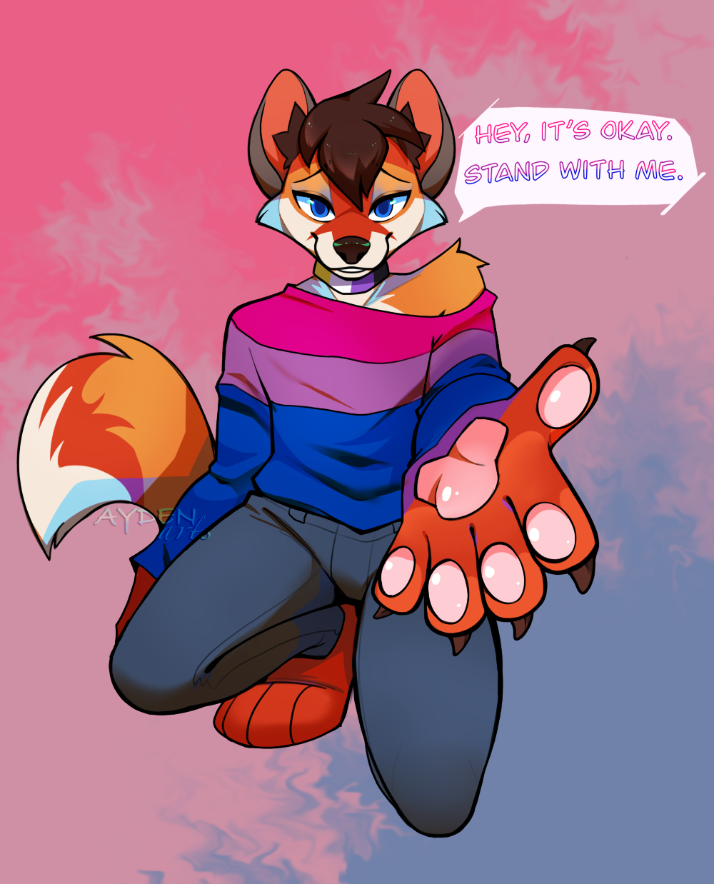 anthro bisexual bisexual_pride_colors bottomwear canid canine clothing collar female ferox_(feroxdoon) feroxdoon fox geotalon girly hair hi_res lgbt_pride makeup male mammal nonbinary_(lore) nonbinary_pride_colors offering_hand pants pawpads pride_color_flag pride_colors reaching_towards_viewer red_fox smile solo support sweater topwear