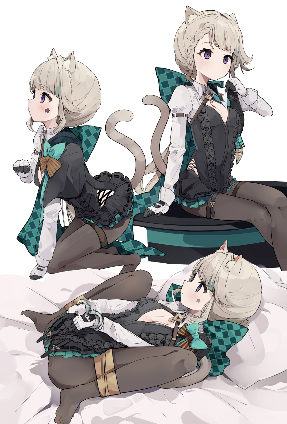 1girl animal_ears argyle black_capelet black_dress black_gloves blush bow breasts brown_pantyhose capelet cat_ears cat_girl cat_tail cleavage_cutout clothing_cutout collared_dress cuffs dress facial_mark genshin_impact gloves green_bow green_skirt grey_hair handcuffs highres long_hair lying lynette_(genshin_impact) multiple_views on_back pantyhose pkpkpppk ponytail purple_eyes restrained sidelocks sitting skirt small_breasts spread_legs star_(symbol) star_facial_mark tail thighs two-tone_gloves white_gloves white_sleeves