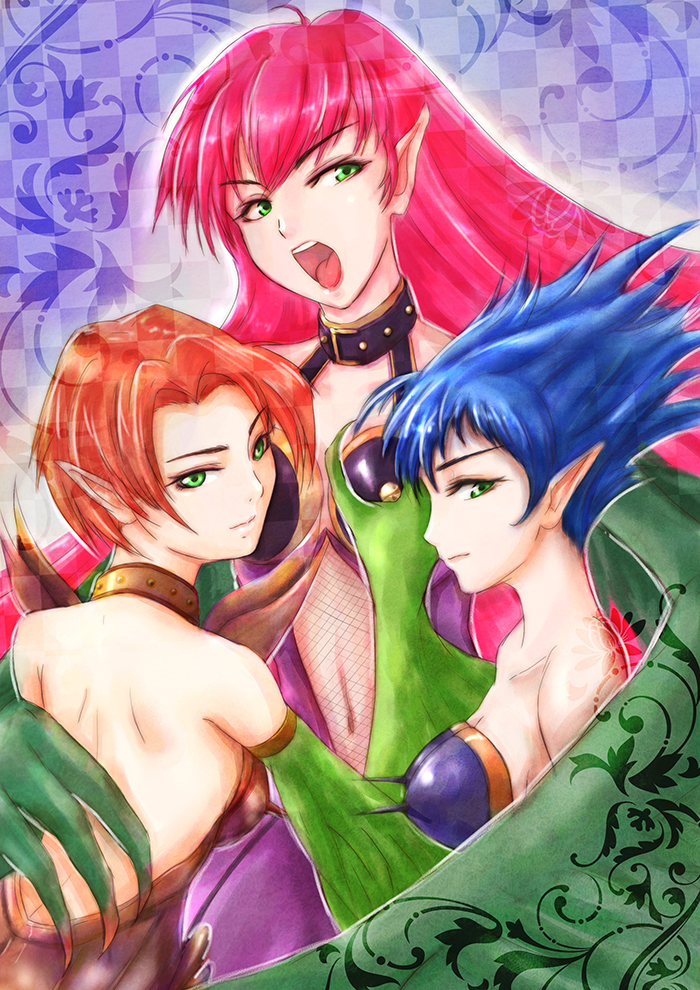 3girls bare_shoulders blue_hair boobplate breasts claws cleavage commentary_request duel_monster feathered_wings feathers green_eyes green_feathers green_wings harpie_lady harpie_lady_1 harpie_lady_2 harpie_lady_3 harpie_lady_sisters harpy long_hair looking_at_viewer monster_girl multiple_girls navel open_mouth orange_hair parted_bangs pink_hair pointy_ears purple_background red_hair short_hair siblings sisters solo spiked_armor spiked_hair taischi winged_arms wings yu-gi-oh!