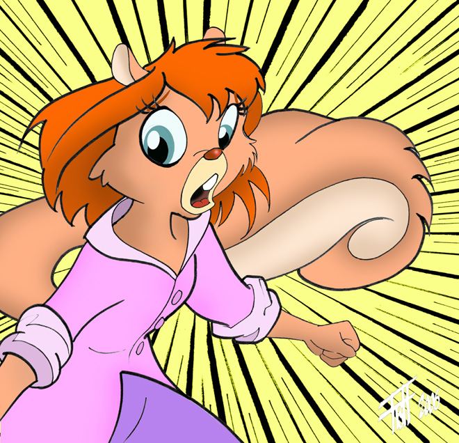 2006 anthro blue_eyes brown_body brown_fur chip_'n_dale_rescue_rangers chris_fischer clothed clothing disney female fluffy fluffy_tail fur hair mammal motion_lines open_mouth orange_hair red_nose rodent sciurid solo tail tammy_squirrel teeth tree_squirrel