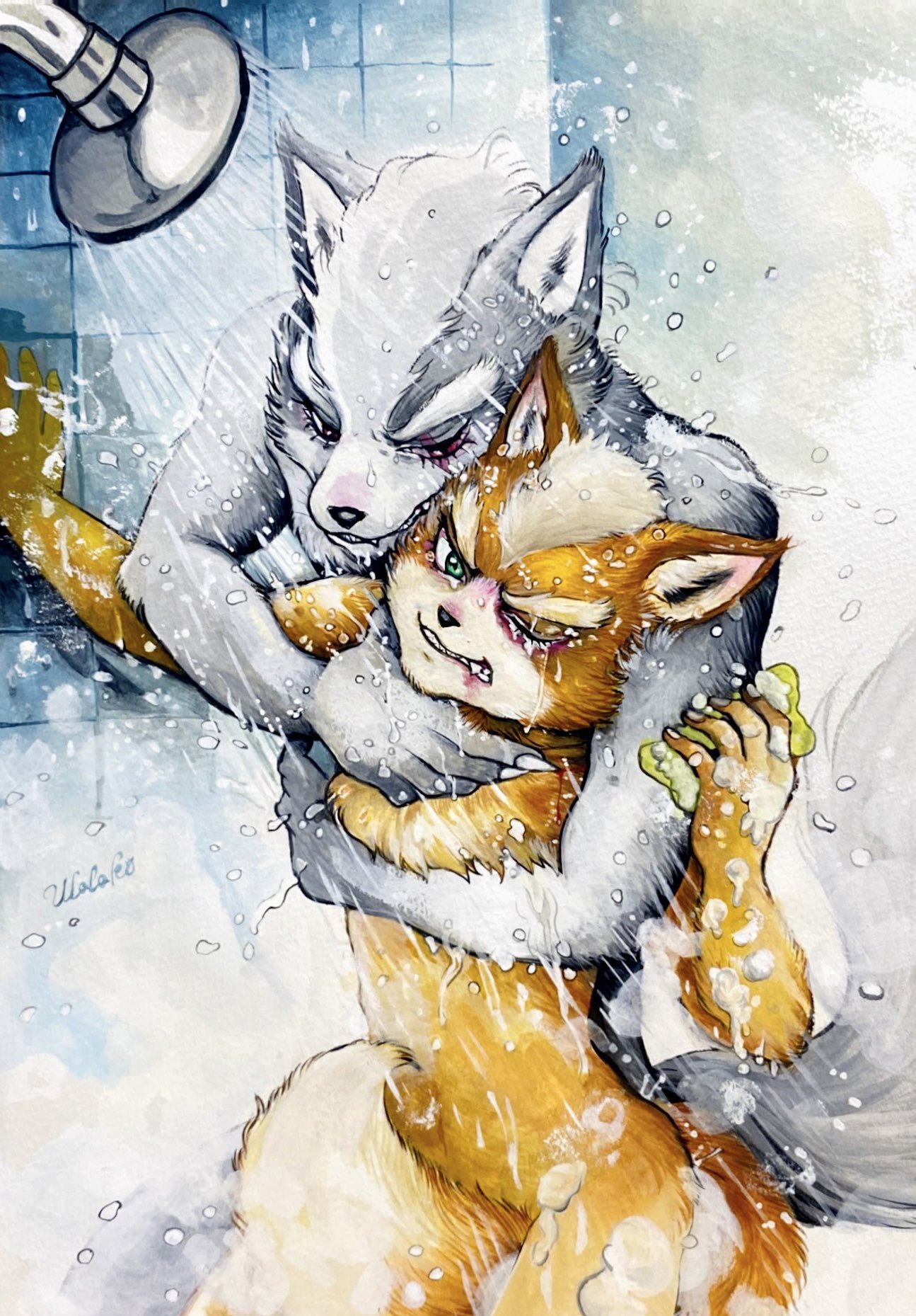 age_difference anthro arm_around_partner bathing blood bodily_fluids bubble canid canine canis clenched_teeth convenient_censorship dominant dominant_anthro dominant_male duo embrace foam fox fox_mccloud frown frowning_at_viewer fur grabbing_from_behind grabbing_neck grin hi_res hug hugging_from_behind male male/male mammal nintendo nude nude_anthro nude_male older_anthro older_dom_younger_sub older_male older_on_young questionable_consent shower shower_room showering showering_together signature smile sponge star_fox steam submissive submissive_anthro submissive_male tail tail_censorship teeth ulala_ko water wet wet_body wet_fur wolf wolf_o'donnell younger_anthro younger_male