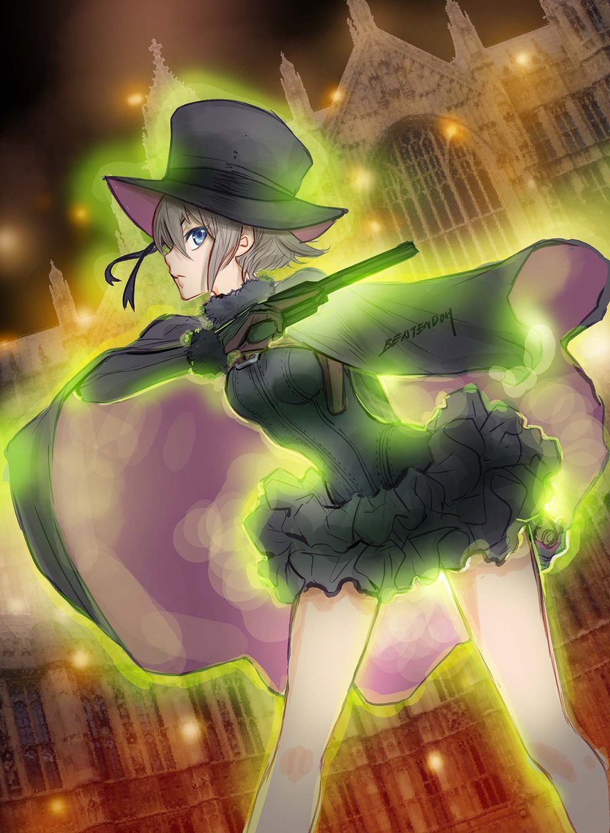 1girl ange_(princess_principal) black_cloak black_dress black_gloves black_headwear blue_eyes breasts brown_hair cloak dress gloves gun handgun hat highres holding holding_gun holding_weapon looking_to_the_side princess_principal revolver short_hair small_breasts solo top_hat trigger_discipline weapon yonemura_kouichirou