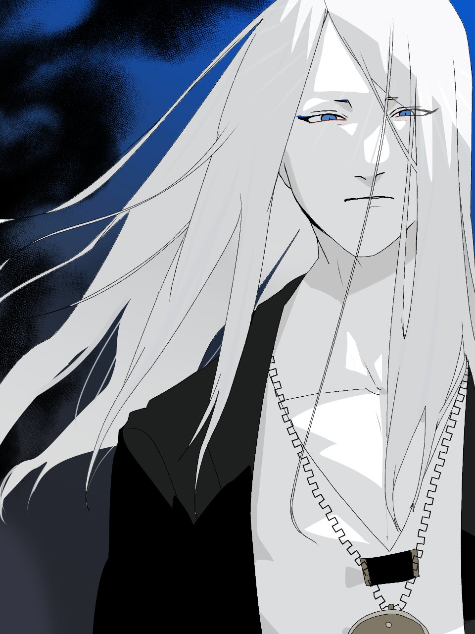 1boy alternate_hair_color black_jacket blue_eyes collarbone fate/grand_order fate_(series) flapper_shirt highres jacket jewelry long_hair looking_at_viewer male_focus medallion necklace no_eyewear open_clothes open_jacket oumifate1 shirt solo tezcatlipoca_(fate) upper_body white_hair white_shirt