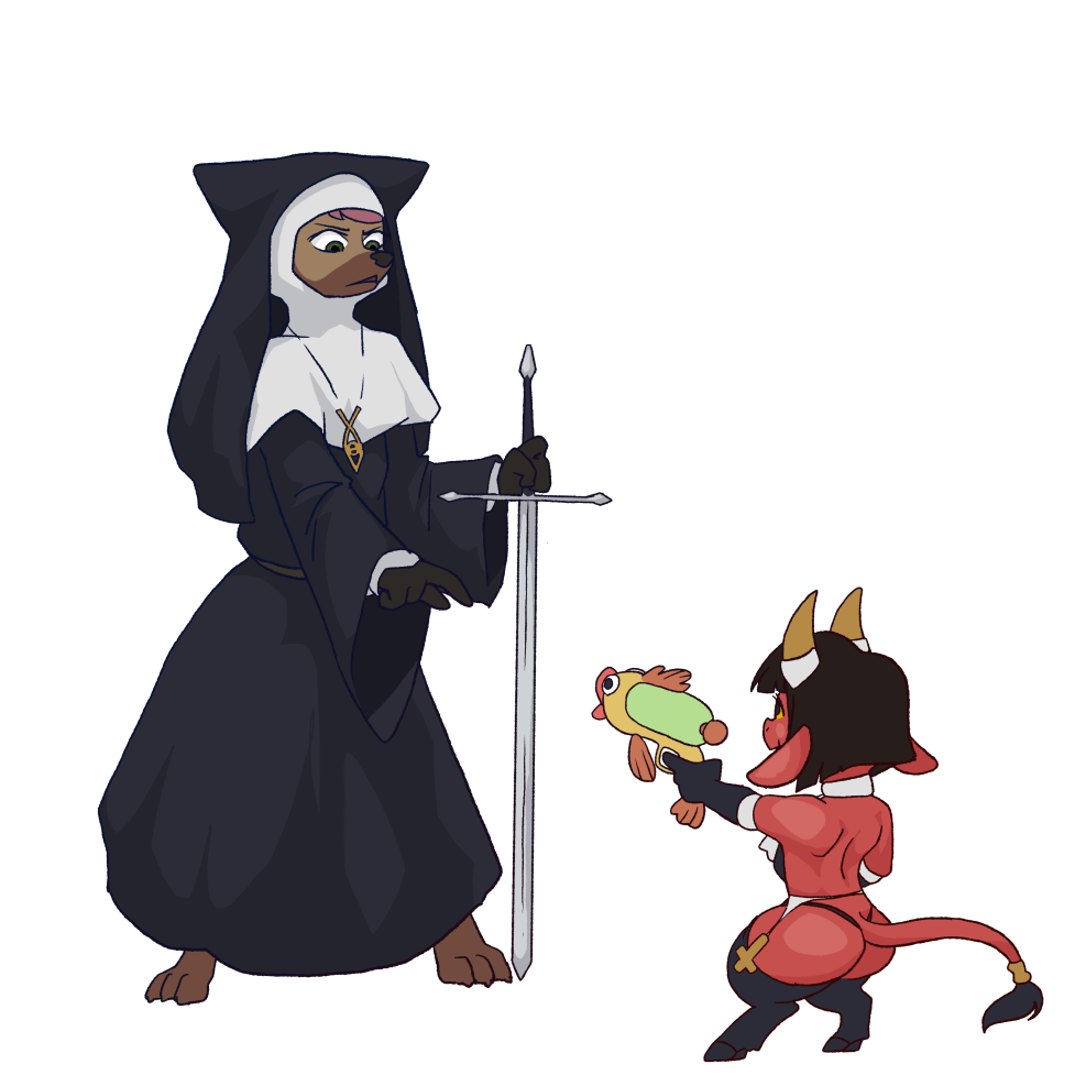 anthro demon duo female gun horn humanoid hybrid nun ranged_weapon tama-tama weapon