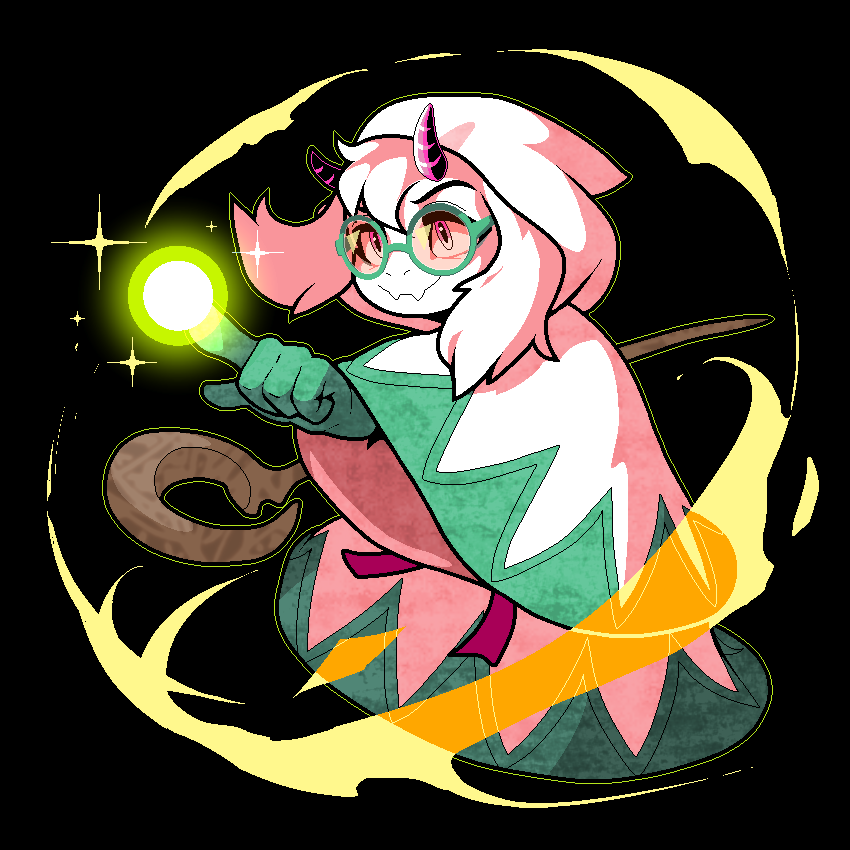 1boy black_background cosplay deltarune discommunicator final_fantasy glasses gloves goat_boy green-framed_eyewear green_gloves holding holding_staff hooded_robe horns magic pointing purple_horns ralsei robe smile solo staff white_mage white_mage_(cosplay) white_robe wide_sleeves