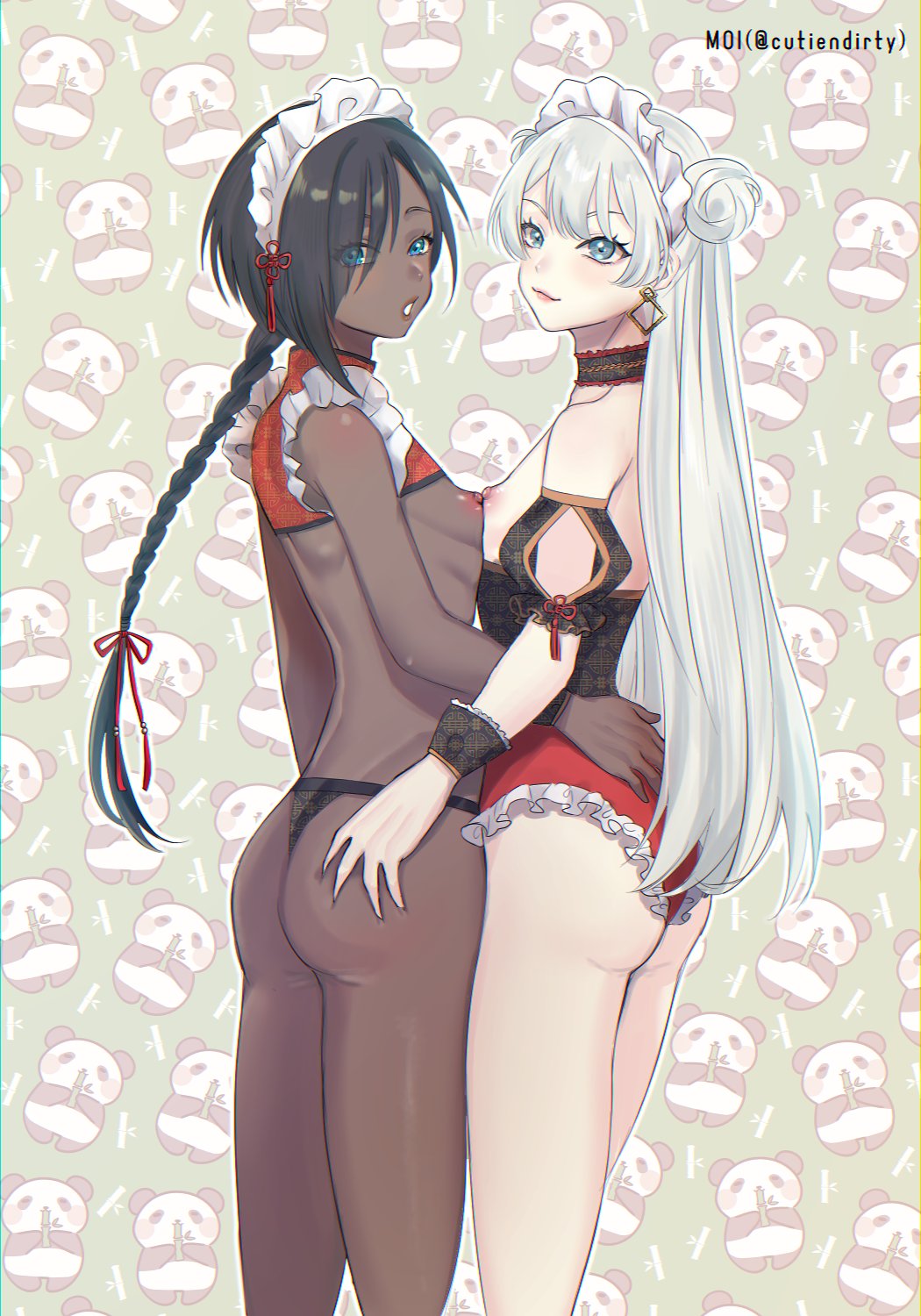 2boys armpit_crease ass black_panties blush braid braided_ponytail chinese_clothes crossdressing cutiendirty dark-skinned_male dark_skin detached_sleeves double_bun earrings eyelashes feet_out_of_frame frilled_leotard frilled_sleeves frills from_behind grey_hair hair_bun hair_over_one_eye hand_on_another's_ass highres jewelry leotard long_hair looking_at_viewer maid_headdress male_focus multiple_boys nipples open_mouth original otoko_no_ko panda panties puffy_chest puffy_short_sleeves puffy_sleeves revealing_clothes short_sleeves shrug_(clothing) smile thighs underwear very_long_hair