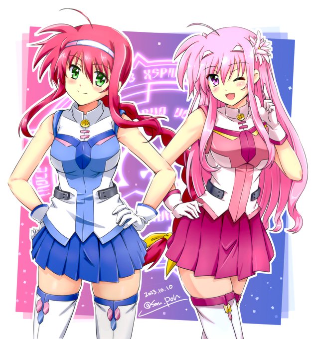 2girls amitie_florian blush braid braided_ponytail breasts closed_mouth flower gloves green_eyes hair_flower hair_ornament hairband hand_on_own_hip hands_on_own_hips kyrie_florian long_hair looking_at_viewer lyrical_nanoha mahou_shoujo_lyrical_nanoha mahou_shoujo_lyrical_nanoha_a's mahou_shoujo_lyrical_nanoha_a's_portable:_the_gears_of_destiny medium_breasts multiple_girls one_eye_closed open_mouth pink_eyes pink_hair red_hair san-pon smile thighhighs white_gloves white_thighhighs