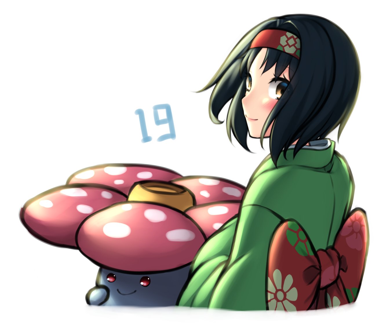 1girl back_bow black_hair blush bow closed_mouth erika_(pokemon) green_kimono hairband japanese_clothes kimono long_sleeves looking_at_viewer pinguinkotak pokemon pokemon_(creature) pokemon_(game) pokemon_lgpe red_bow red_hairband short_hair smile upper_body vileplume wide_sleeves