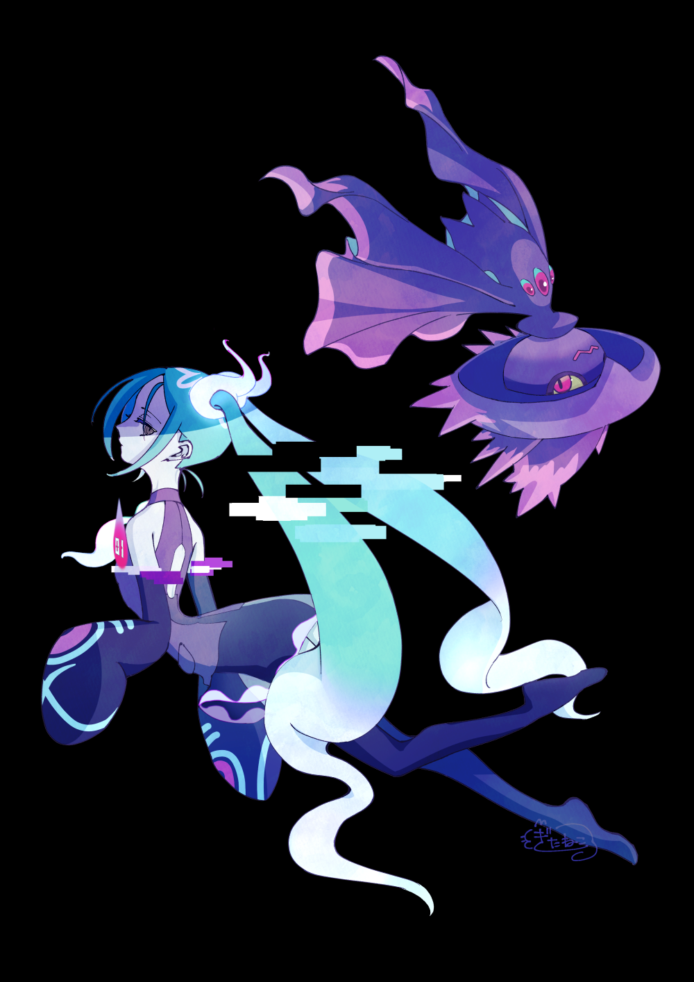 1girl aqua_hair back_cutout black_background black_thighhighs clothing_cutout detached_sleeves floating from_side ghost ghost_miku_(project_voltage) glitch gradient_hair grey_shirt guitarcat hatsune_miku highres long_hair mismagius multicolored_hair necktie pale_skin pokemon pokemon_(creature) project_voltage shirt skirt sleeves_past_fingers sleeves_past_wrists thighhighs twintails upside-down very_long_hair vocaloid will-o'-the-wisp_(mythology) yellow_eyes