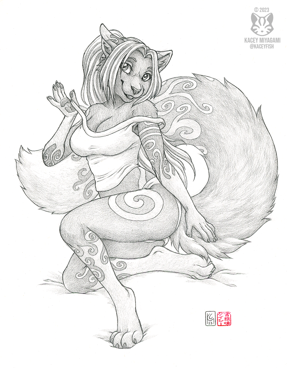 2023 anthro breasts canid canine claws cleavage clothed clothing felid female fluffy fluffy_tail fox gloves_(marking) graphite_(artwork) greyscale hi_res hybrid inner_ear_fluff kacey leg_markings looking_at_viewer mammal markings monochrome pantherine panties pawpads pencil_(artwork) semira shirt simple_background smile socks_(marking) solo tail toe_claws topwear traditional_media_(artwork) tuft underwear