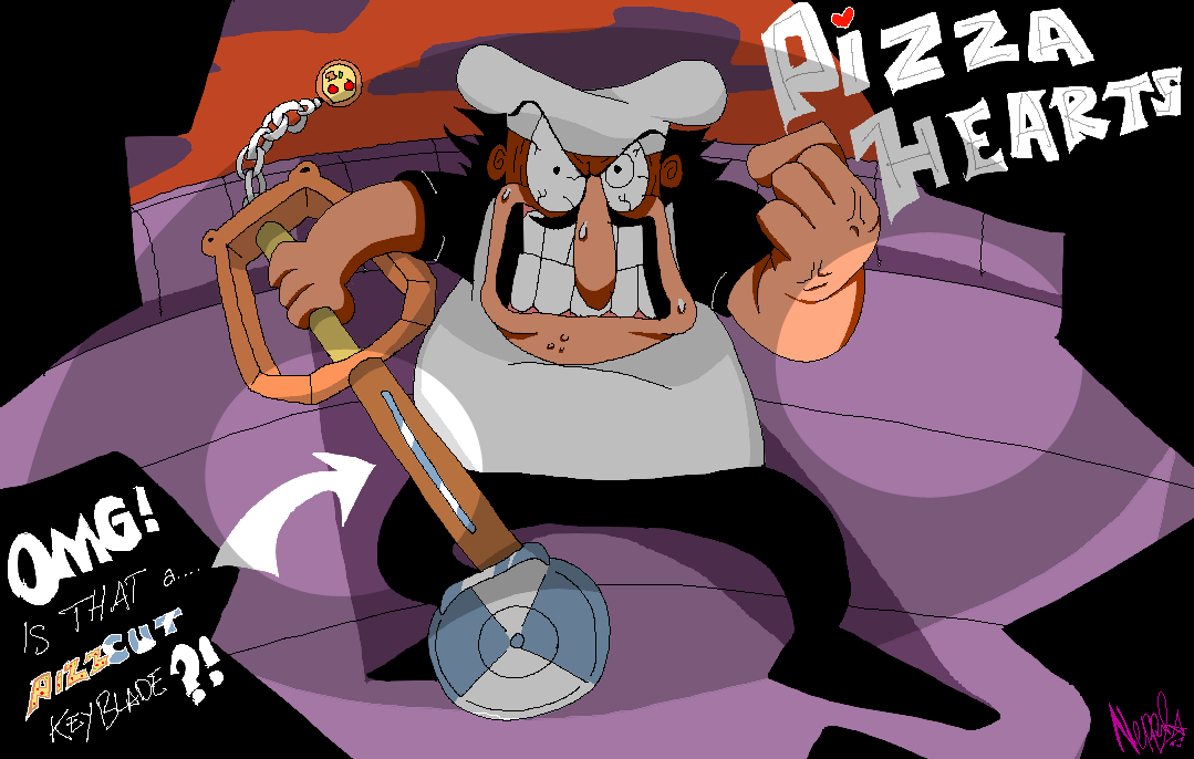 1boy anger_vein angry arrow_(symbol) artist_name black_hair black_pants black_shirt bloodshot_eyes chain chef_hat clenched_hand clenched_teeth commentary crossover english_commentary english_text facial_hair fewer_digits food full_body hat holding holding_weapon keyblade kingdom_hearts long_nose looking_at_viewer mustache neppuru pants parody peppino_spaghetti pizza pizza_cutter pizza_tower shirt short_hair short_sleeves signature solo style_parody sweatdrop teeth v-shaped_eyebrows weapon white_headwear white_shirt