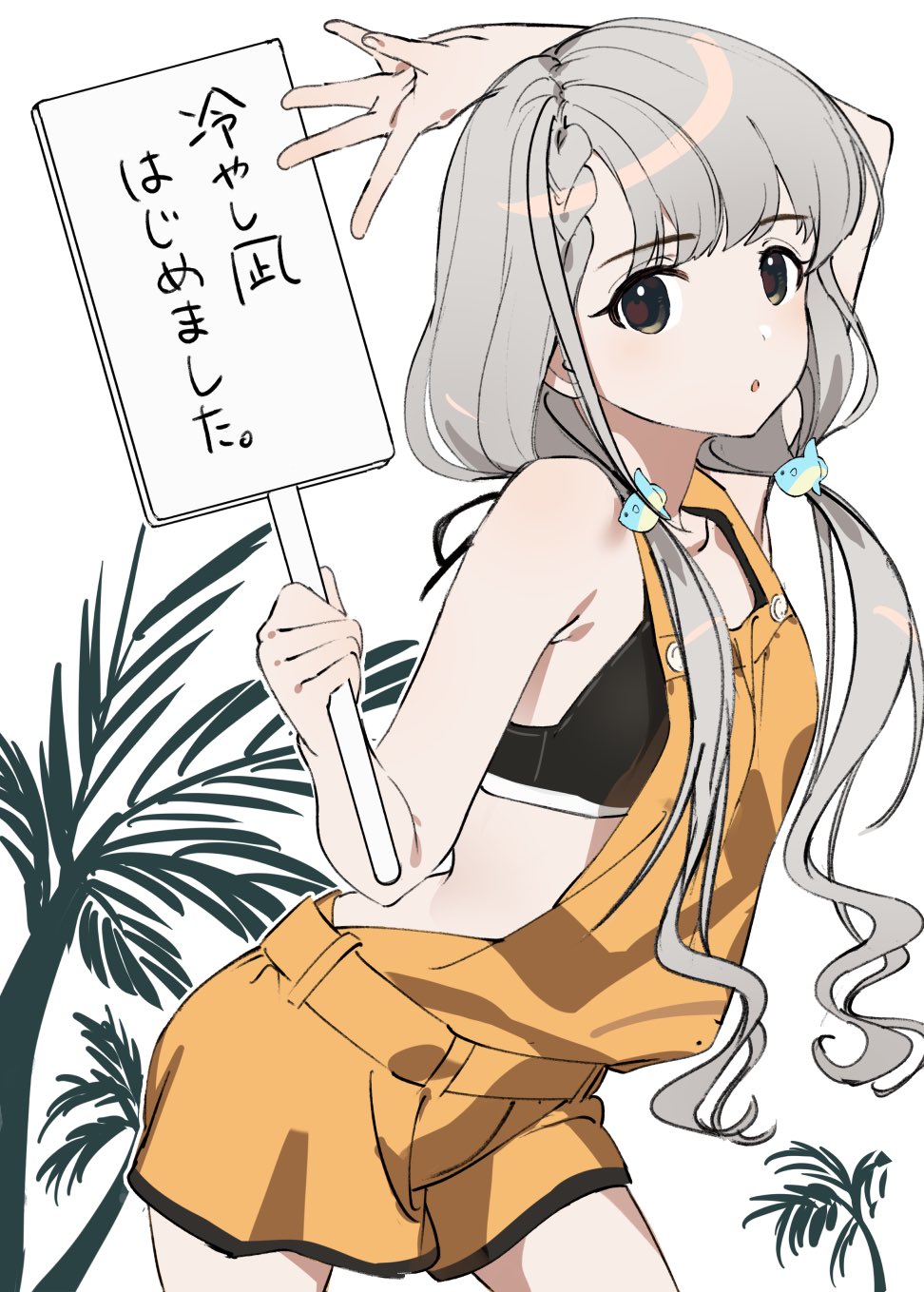1girl arm_up bare_shoulders bikini black_bikini blush braid braided_bangs breasts brown_eyes collarbone cowboy_shot dot_nose fish from_side grey_hair hand_up highres hisakawa_nagi holding holding_sign idolmaster idolmaster_cinderella_girls idolmaster_cinderella_girls_starlight_stage long_hair looking_at_viewer low_twintails open_mouth sign small_breasts solo standing sunfish swimsuit tree twintails very_long_hair white_background wwwrkgk yellow_overalls