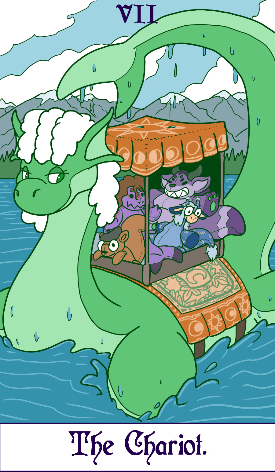 canid canid_demon card chariot demon fish fortune_telling giraffe giraffid hellhound hi_res houdah loch_ness_monster mammal marine plushie rodent run_rabbit_bounce sciurid sea_monster shark tarot tarot_card tree_squirrel vii