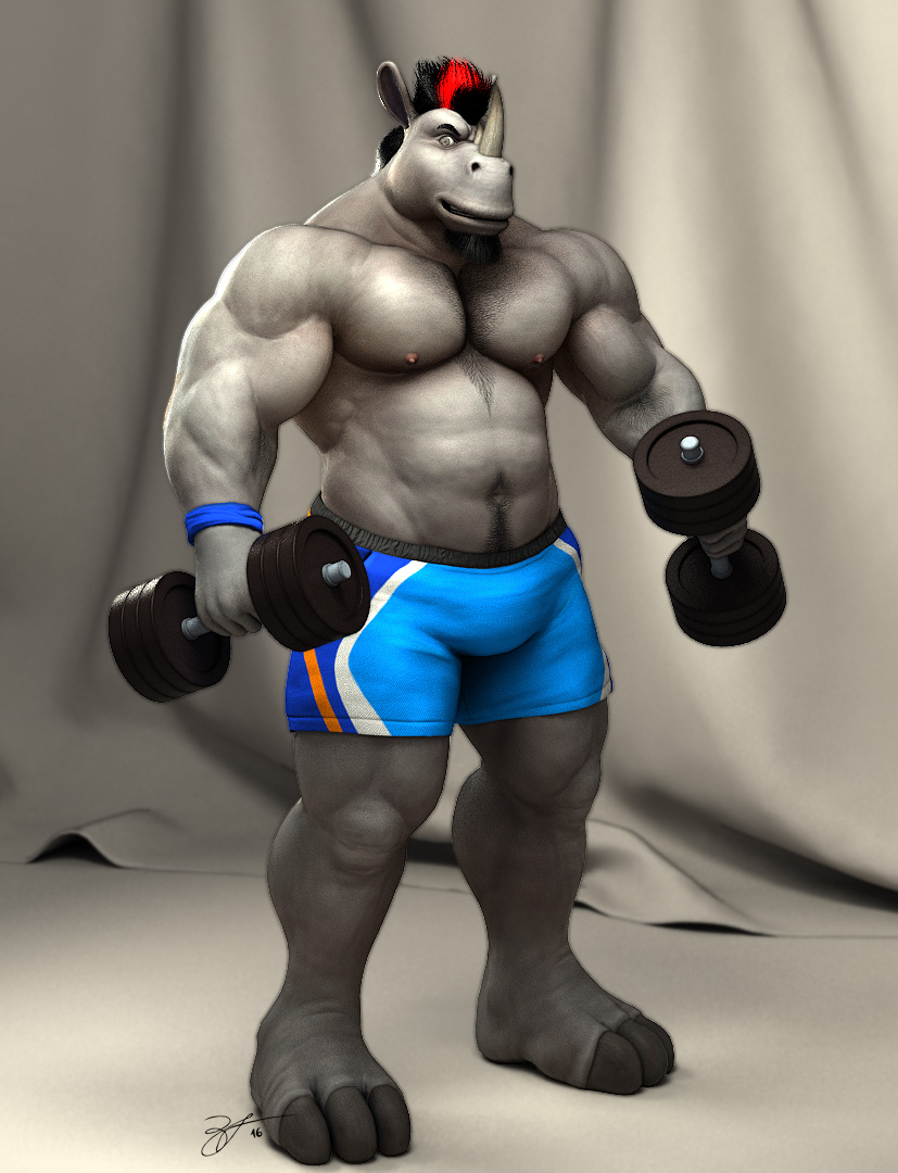 2016 3_toes 3d_(artwork) abs anthro barefoot black_hair blue_bottomwear blue_clothing blue_shorts blue_wristband body_hair bottomwear braford chest_hair chuck_(braford) clothing curtains dated deltoids digital_media_(artwork) dumbbell facial_horn feet grey_body grey_eyes grey_skin hair holding_weights horn looking_at_viewer male mammal musclegut muscular_thighs navel nipples nose_horn obliques ponytail pubes red_hair rhinoceros shorts signature solo toes weights wristband