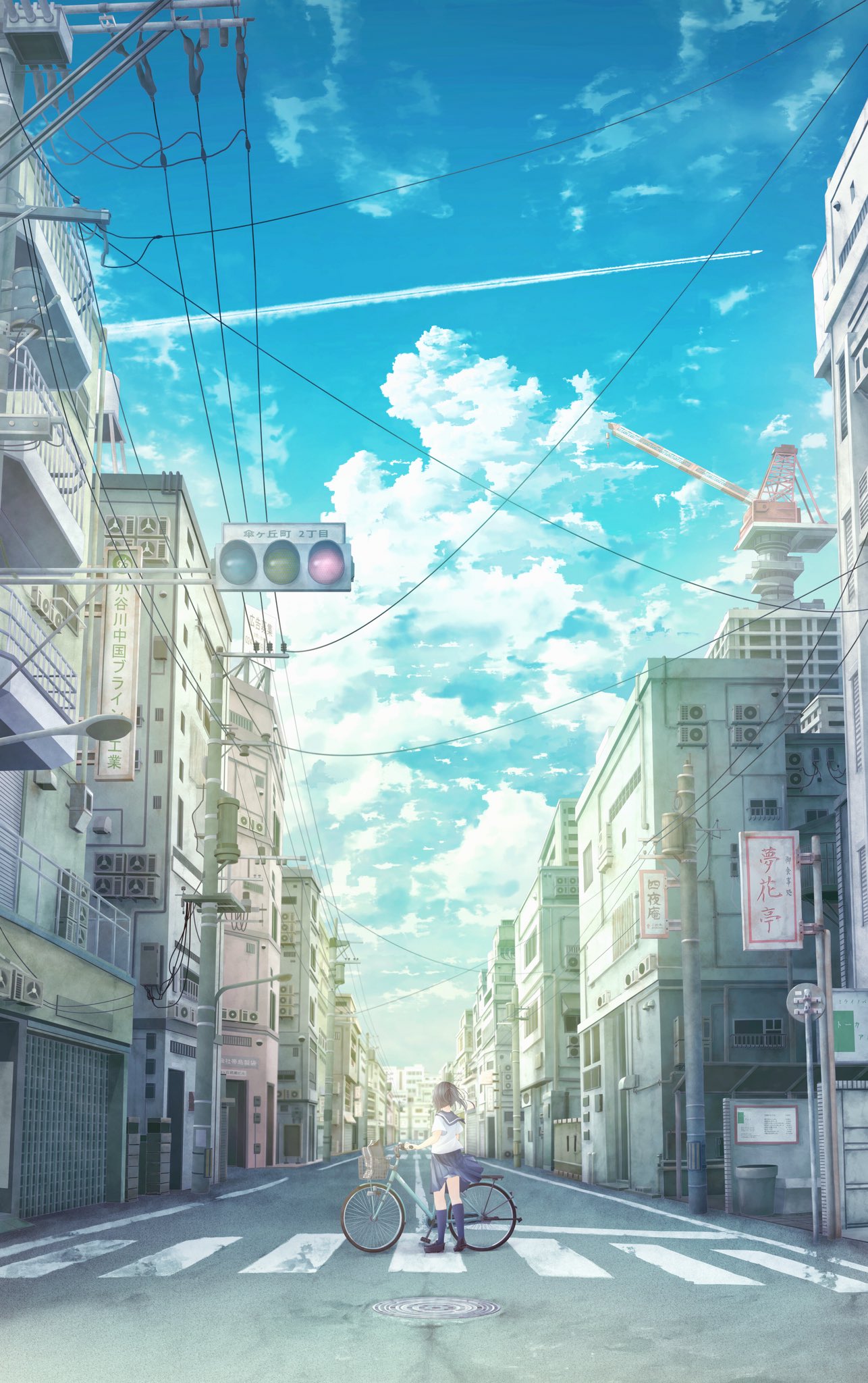 1girl air_conditioner architecture bicycle black_hair blue_sailor_collar blue_skirt blue_sky building cable city cloud contrail crane_(machine) crosswalk day highres house ikegami_kouki manhole_cover original outdoors pleated_skirt road road_sign sailor_collar scenery school_uniform serafuku shirt sign skirt sky solo standing street traffic_light utility_pole white_shirt