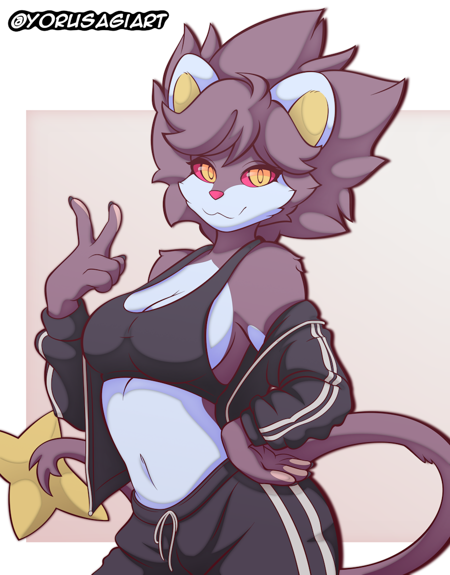 2023 5_fingers anthro artist_name black_clothing breasts cleavage clothed clothing female fingers generation_4_pokemon gesture looking_at_viewer luxray midriff nintendo pokemon pokemon_(species) red_nose red_sclera simple_background smile smiling_at_viewer solo tail tracksuit v_sign yellow_eyes yorusagi