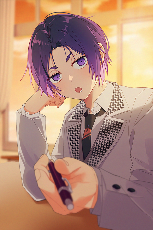 1boy black_necktie blue_lock collared_shirt commentary head_rest holding holding_pen indoors jacket long_sleeves looking_at_viewer male_focus mikage_reo necktie nokcha26 open_mouth pen purple_eyes purple_hair school_uniform shirt short_eyebrows short_hair solo upper_body v-shaped_eyebrows white_jacket white_shirt