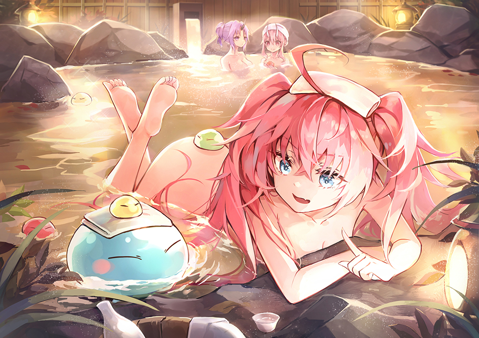 1other 3girls ahoge barefoot bathing black_horns blue_eyes blush_stickers breasts bucket chinese_commentary cleavage commentary_request completely_nude crossed_bangs cup fang feet hair_between_eyes hair_up holding horns huge_ahoge index_finger_raised lantern large_breasts light_purple_hair long_hair looking_at_another lying milim_nava miya_(zawarudo) multiple_girls nude on_ass on_stomach onsen open_mouth partial_commentary partially_submerged pink_eyes pink_hair purple_eyes rimuru_tempest rock shion_(tensei_shitara_slime_datta_ken) shuna_(tensei_shitara_slime_datta_ken) single_horn skin_fang slime_(creature) small_breasts smile soles steam tensei_shitara_slime_datta_ken the_pose toes towel towel_on_head twintails very_long_hair water waterfall white_horns