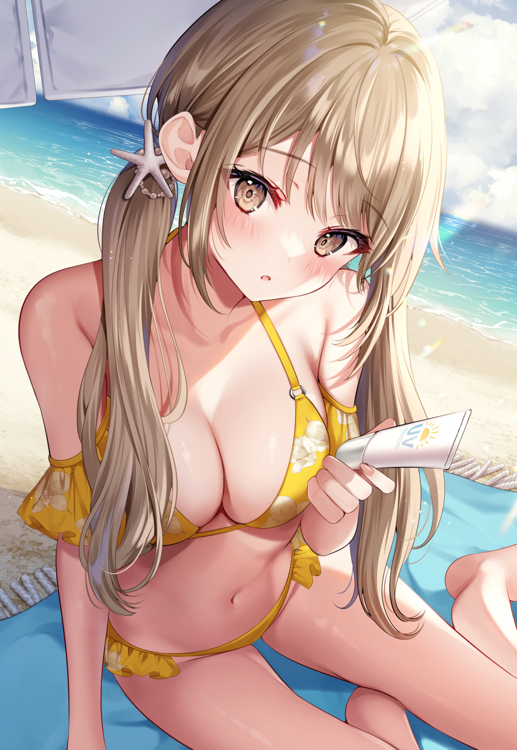 1girl arm_support bare_legs barefoot beach beach_towel bikini blue_sky blush breasts brown_eyes cleavage cloud collarbone day floral_print frilled_bikini frills hair_ornament highres holding horizon large_breasts light_brown_hair long_hair looking_at_viewer lotion low_twintails navel ocean open_mouth original outdoors print_bikini sand sitting sky solo starfish_hair_ornament sunscreen swimsuit towel twintails water yellow_bikini yokozuwari yugirlpict