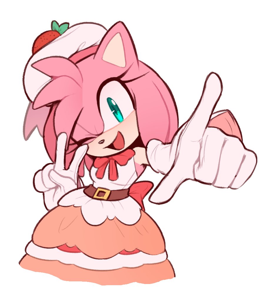 alternate_costume amy_rose animal_ears aqua_eyes back_bow belt bob_cut bow commentary dress english_commentary frilled_dress frills furry furry_female gloves hat hedgehog hedgehog_ears hedgehog_girl idol idol_clothes inverted_bob looking_at_viewer open_mouth pink_fur ribbon sleeveless sleeveless_dress solo sonic_(series) strawberry_hat_ornament toonsite v white_gloves white_headwear
