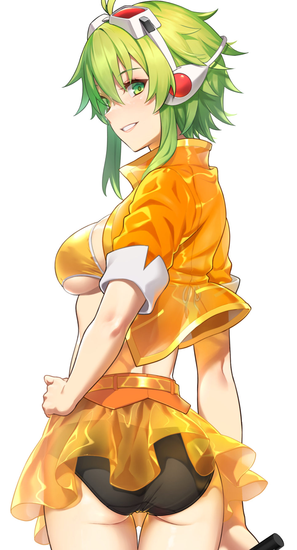 1girl ass belt bikini black_bikini_bottom black_panties blush bra breasts cowboy_shot cropped_jacket from_behind goggles goggles_on_head green_eyes grey_hair grin gumi gumi_(v3_megpoid) hair_between_eyes hand_on_own_hip headphones highres holding holding_microphone jacket looking_at_viewer looking_back medium_breasts medium_hair microphone midriff miniskirt mismatched_bikini mismatched_underwear open_clothes open_jacket orange_bikini orange_bra orange_jacket orange_skirt panties pleated_skirt prime see-through see-through_jacket see-through_skirt skirt smile solo swimsuit thighs underboob underwear upskirt vocaloid