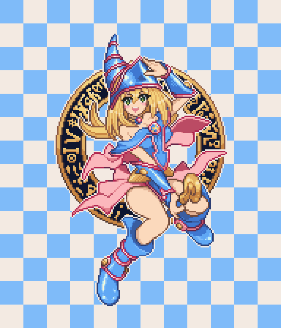 1girl arm_guards arm_up blonde_hair blue_footwear blue_headwear blush_stickers boots breasts checkered_background cleavage commentary dark_magician_girl dress duel_monster full_body green_eyes hair_between_eyes hat holding holding_staff long_hair looking_at_viewer magic_circle nokia_yan off-shoulder_dress off_shoulder open_mouth pixel_art solo staff teeth upper_teeth_only wizard_hat yu-gi-oh!