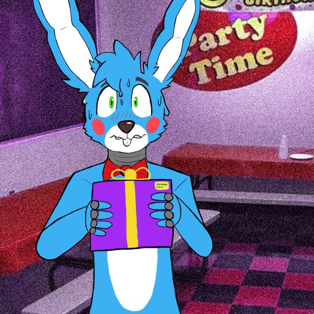 animatronic anthro bloodskunk blue_body blue_fur blush blush_stickers bodily_fluids bow_tie buckteeth five_nights_at_freddy's five_nights_at_freddy's_2 fur gift green_eyes lagomorph leporid looking_at_viewer machine male mammal nervous rabbit robot scottgames solo solo_focus sweat teeth toy_bonnie_(fnaf) white_body white_fur