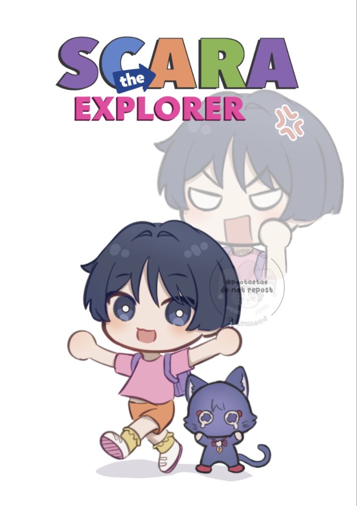 1boy aged_down black_hair child commentary cosplay crossover dora_marquez dora_marquez_(cosplay) dora_the_explorer english_commentary english_text full_body genshin_impact looking_at_viewer male_focus open_mouth orange_shorts outstretched_arms pink_shirt pootaetae scaramouche_(cat)_(genshin_impact) scaramouche_(genshin_impact) shirt shorts simple_background tears toon_(style) white_background